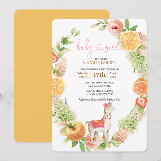 Invitation Llama Mama Agrumes Flore Vert Bébé Fille Douche (Devant / Derrière)