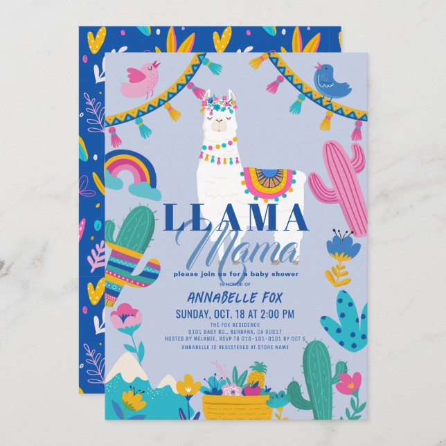 Invitation Llama Mama Alpaca Cactus Blue Boy Baby shower (Devant / Derrière)