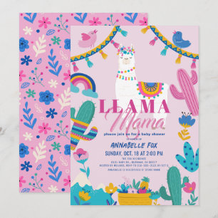Invitation Llama Mama Alpaca Cactus Girl Baby shower rose