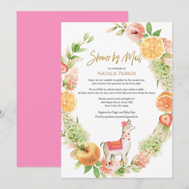 Invitation Llama Mama Baby shower Floral de verdure par Mail (Devant / Derrière)