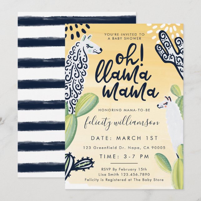 Invitation Llama Mama Baby shower neutre pour les femmes Invi (Devant / Derrière)