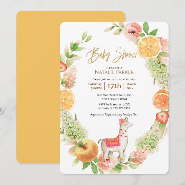 Invitation Llama Mama Citrus Baby shower de verdure fleurie (Devant / Derrière)