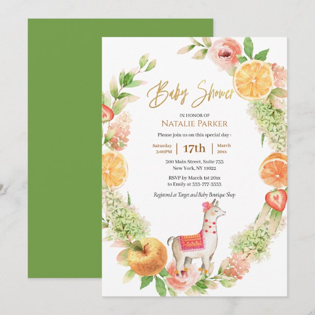Invitation Llama Mama Citrus Baby shower de verdure fleurie (Devant / Derrière)