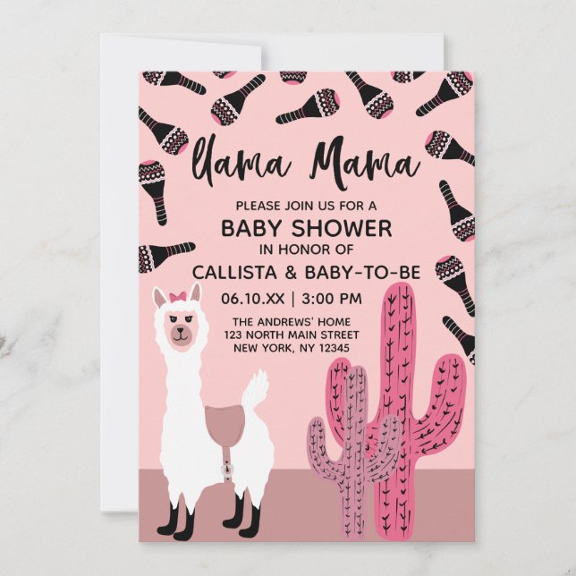 Invitation Llama Mama rose mignon Baby shower Cactus Maraca (Devant)