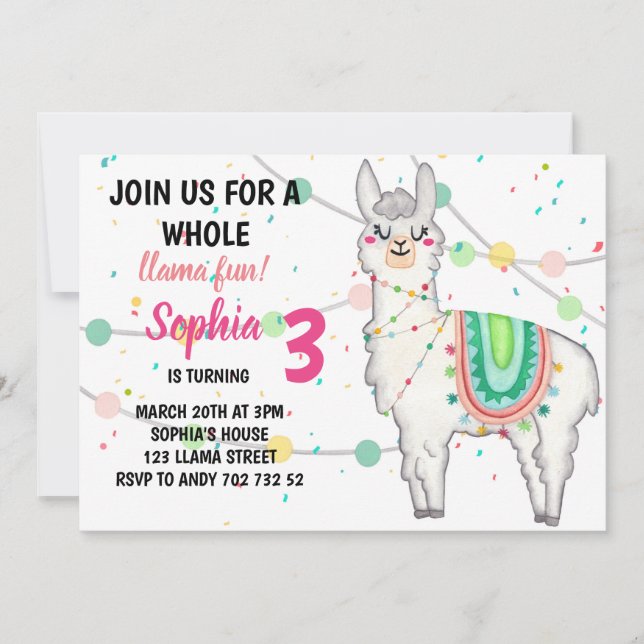 Invitation Llama Party Toute Llama Fun Girl Anniversaire (Devant)