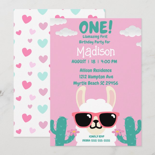 Invitation Llama Premier anniversaire Pink Green Party (Devant / Derrière)