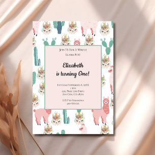 Invitation Llama Rose et Cactus Vert Anniversaire Enfant Mign
