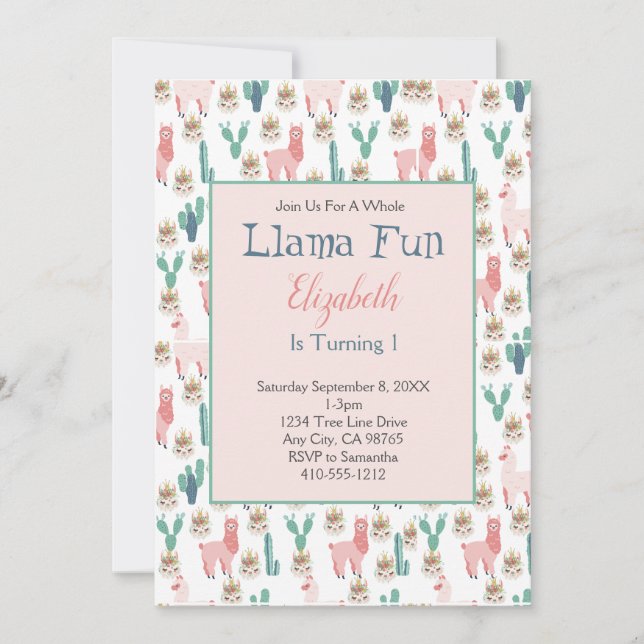 Invitation Llama rose et vert Cactus mignonne Anniversaire de (Devant)