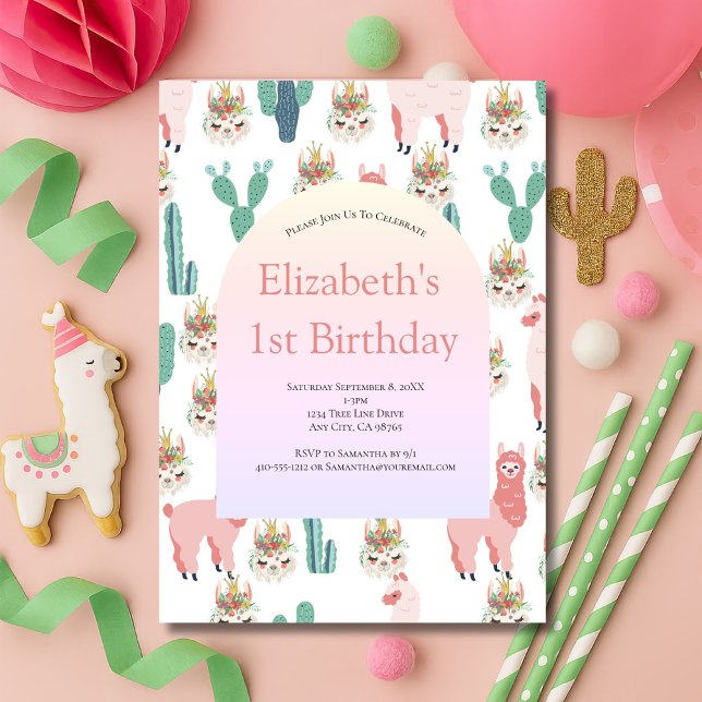 Invitation Llama rose et vert Cactus mignonne fille Anniversa (llama and cactus pink and green girls birthday invitation)