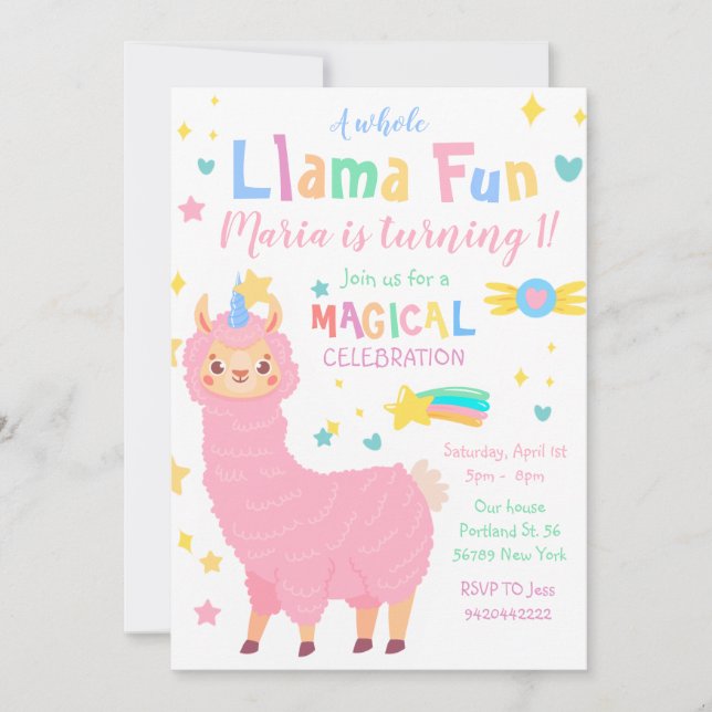 Invitation Llamacorn Magique Llama Enfants Coloré Anniversair (Devant)