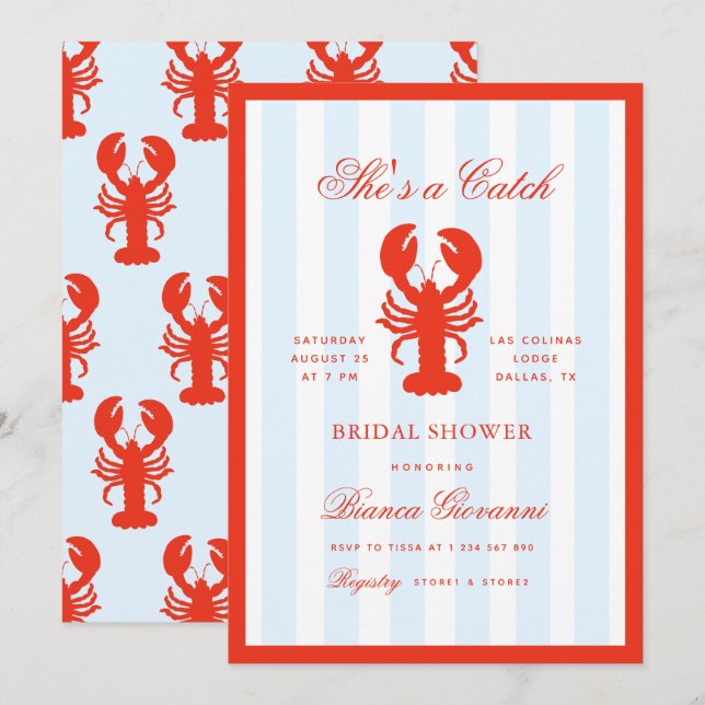 Invitation Lobster She's a Catch Beach Coastal Bridal Shower (Devant / Derrière)