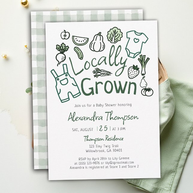 Invitation Locally Grown Hand Drawn Farm Veggies Baby Shower (locally grown baby shower invitation hand drawn produce farm fresh green clothes garden patch)