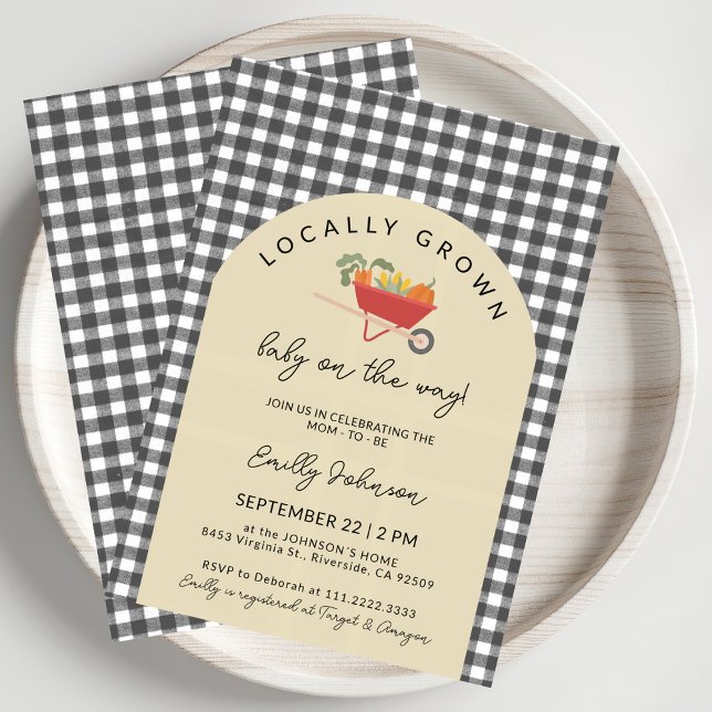 Invitation Locally Grown Modern Grey Gingham Baby Shower (Créateur téléchargé)