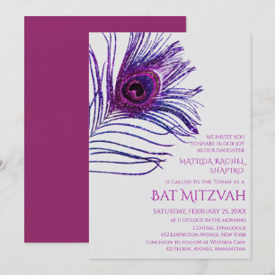 Invitation Logo de Bat Mitzvah de plumes de paon scintillante