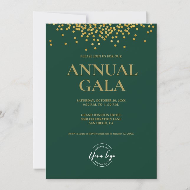 Invitation Logo de confetti en or vert personnalisé Gala entr (Devant)