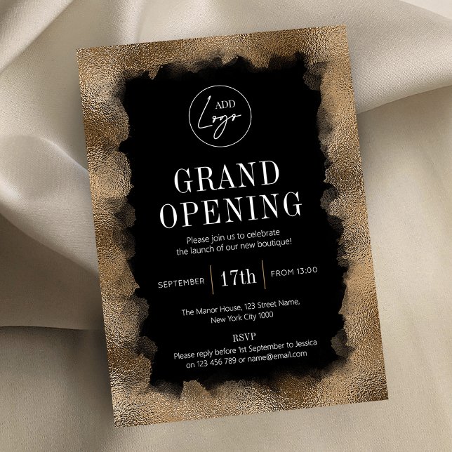 Invitation Logo de la Parties scintillant Noir & Or (Elegant business launch event invitation featuring gold glitter effects and your logo)