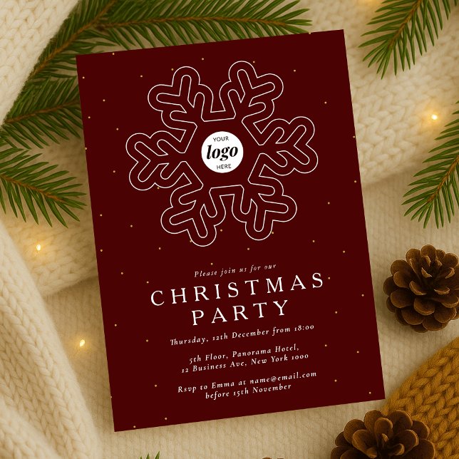 Invitation Logo d'entreprise Noël Fête Rouge Entreprise (Company Christmas Party Invitation in red and white with snowflake detail and your logo)