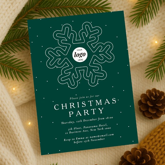 Invitation Logo d'entreprise Noël Fête verte Entreprise (Company Christmas Party Invitation in green and white with snowflake detail and your logo)