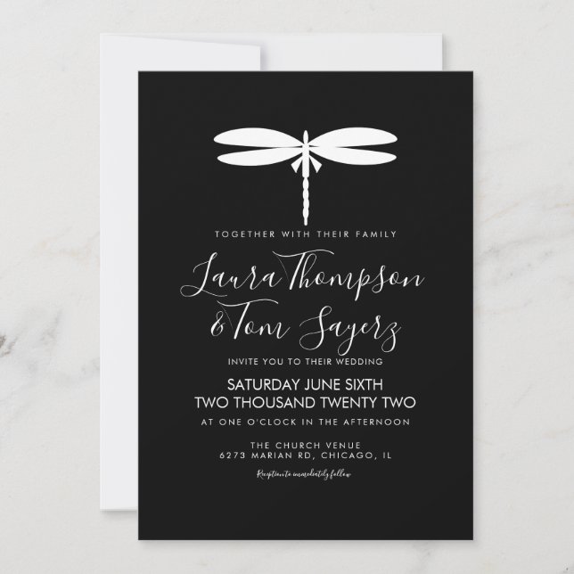 Invitation Logo Mariage de libellules modernes noir blanc (Devant)
