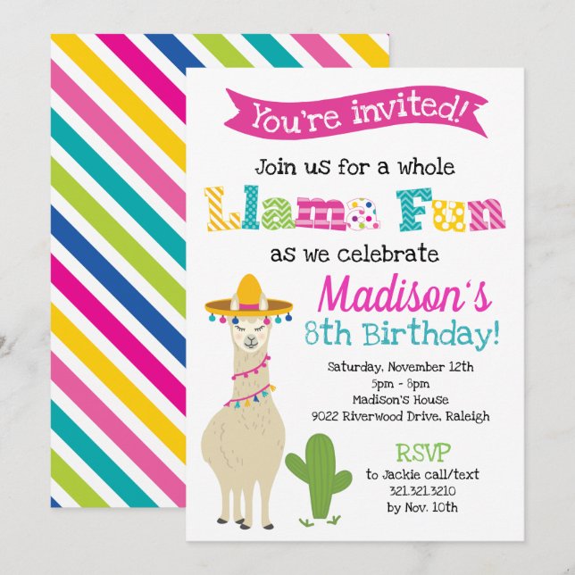 Invitation Loisirs Llama - Fête d'anniversaire Llama (Devant / Derrière)