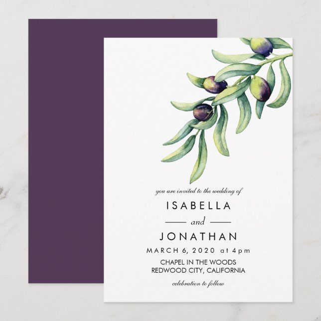 Invitation L'Olivier | mariage rustique aquarelle (Devant / Derrière)