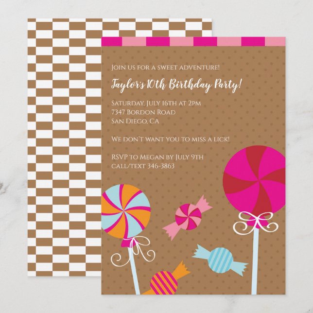 Invitation Lollipop moderne : Candy Brown rose fête d'anniver (Devant / Derrière)