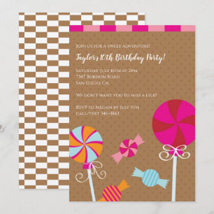 Invitation Lollipop moderne : Candy Brown rose fête d'anniver