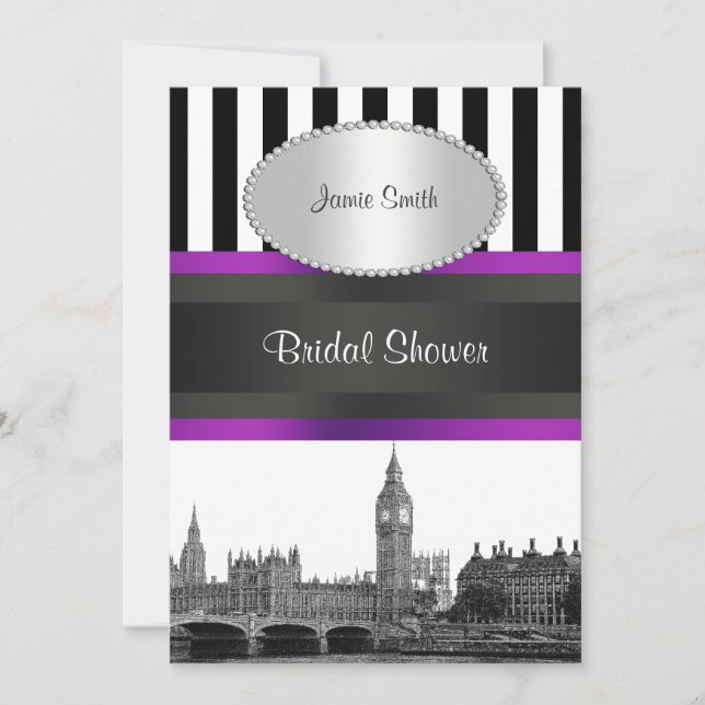 Invitation London Skyline BW Blk Wht Strp Purple Bridal Shwr (Devant)