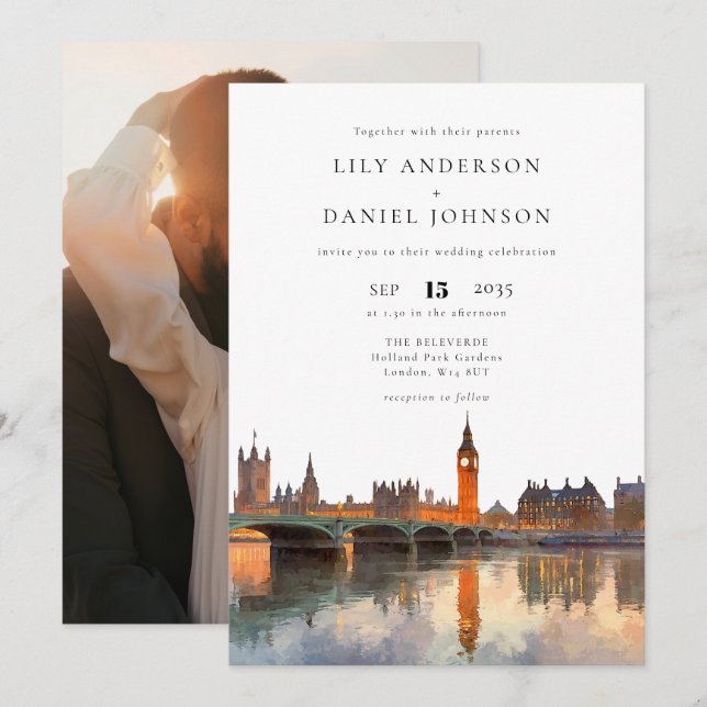 Invitation London Skyline Destination Photo Wedding (Devant / Derrière)