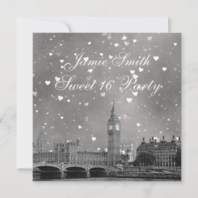 Invitation Londres Royaume-Uni Skyline Grey White Heart Sweet (Devant)