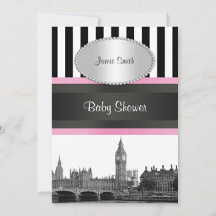 Invitation Londres Skyline BW Blk Wht Strp Baby shower rose