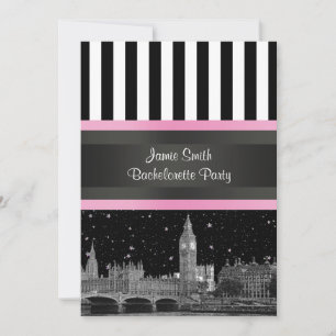 Invitation Londres Skyline BW Blk Wht Strp Rose Bachelorette