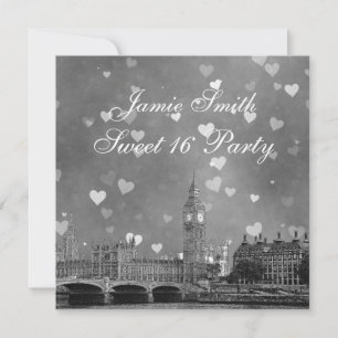 Invitation Londres UK Skyline Gris Blanc Cœur Douce 16
