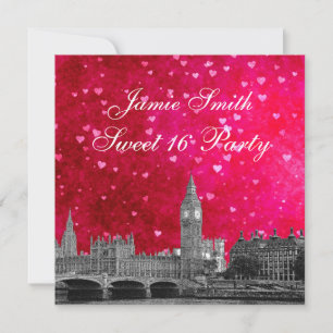 Invitation Londres UK Skyline Rose Chaud Rouge Cœur Sweet 16