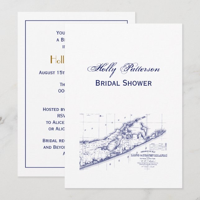 Invitation Long Island The Hamptons Map VC Fête des mariées (Devant / Derrière)