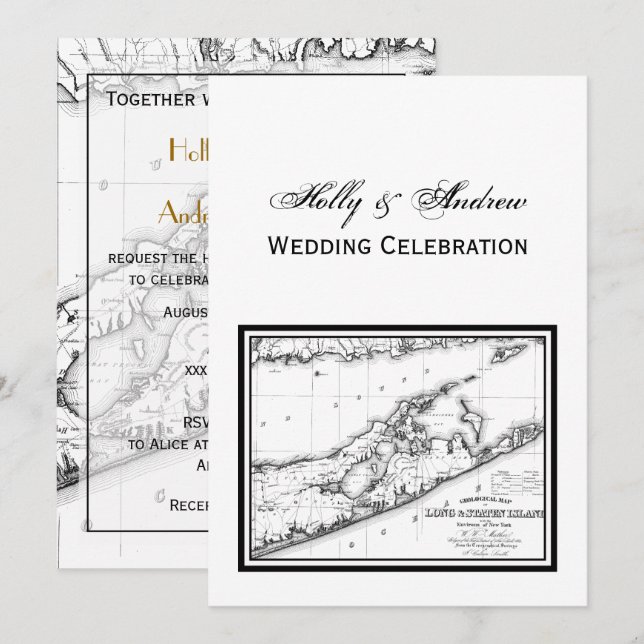 Invitation Long Island The Hamptons Map VC Mariage noir (Devant / Derrière)