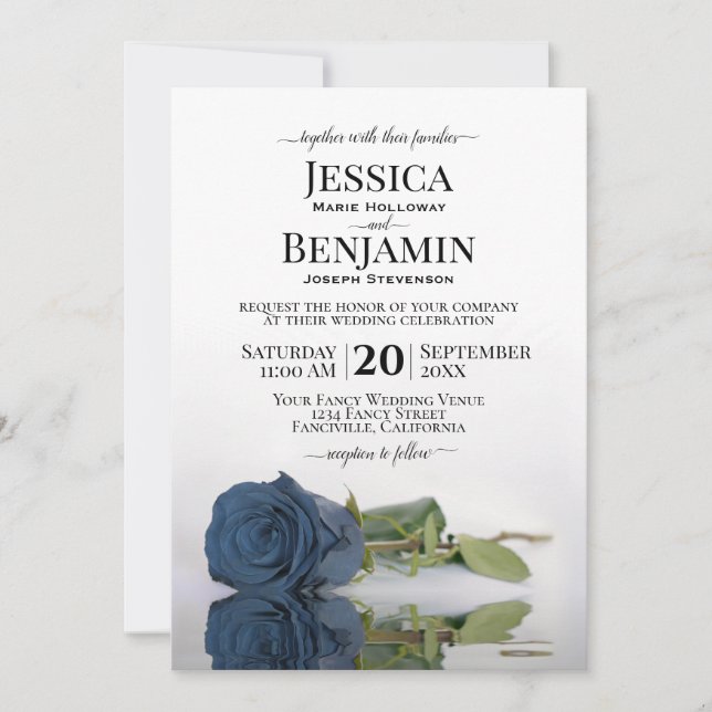 Invitation Long Stemmed Dusty Steel Blue Rose Élégant mariage (Devant)