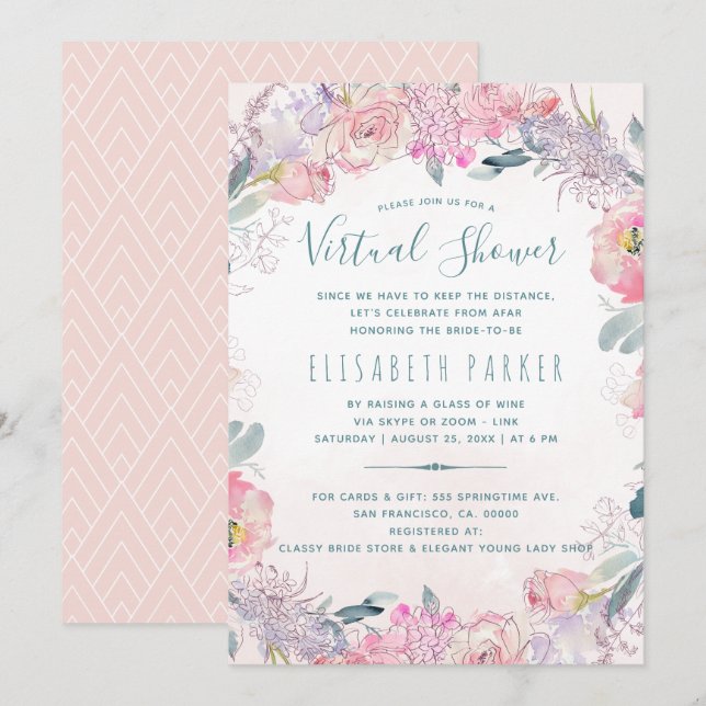 Invitation Longue distance rose fleurie nuptiale virtuelle do (Devant / Derrière)