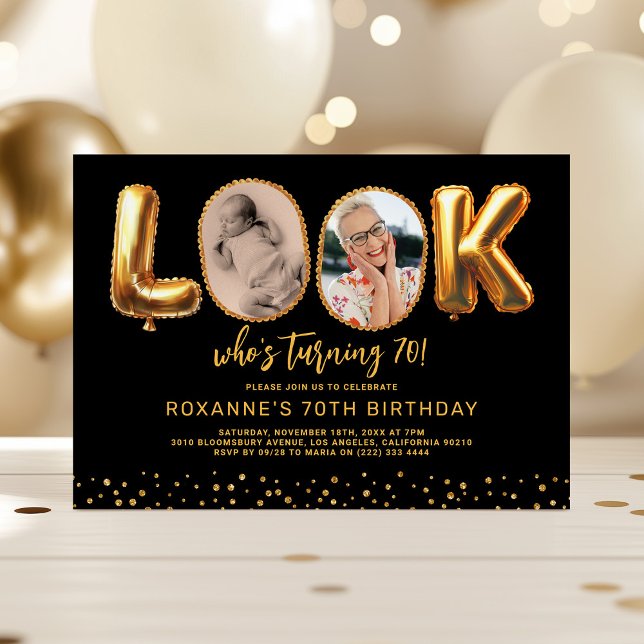 Invitation Look Who's 70 Black Gold Photo Seventy Birthday (Créateur téléchargé)