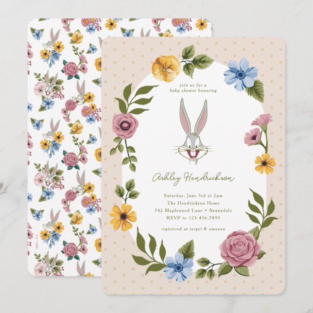 Invitation LOONEY TUNES™ | BABY SHOWER floral BUGS BUNNY™ (Devant / Derrière)