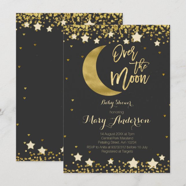 Invitation L'or noir sur le Baby shower de la lune (Devant / Derrière)