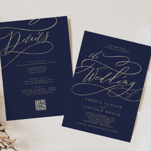 Invitation L'or romantique et la marine tout en un Code QR Ma