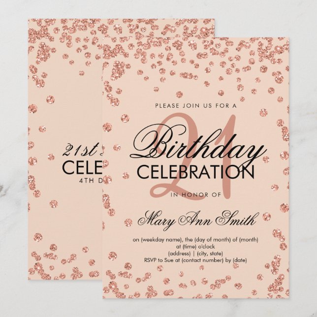 Invitation L'or rose rougissent anniversaire de confettis de (Devant / Derrière)