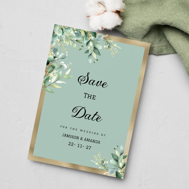 Invitation L'or rustique menthe eucalyptus feuilles Enregistr (Rustic mint gold eucalyptus leaves Save The Date )