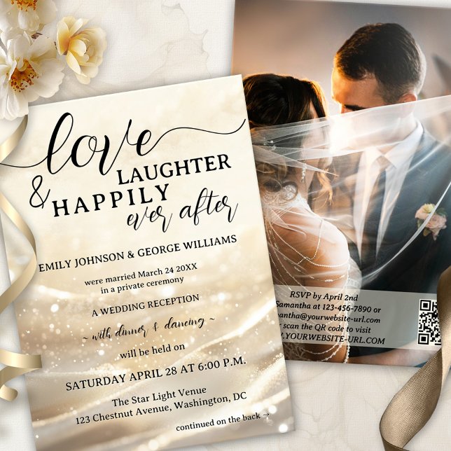 Invitation L'or scintillant Elope Heureusement Jamais Après M (A boho chic happily ever after wedding invitation showing a gold design with festive sparkling light)