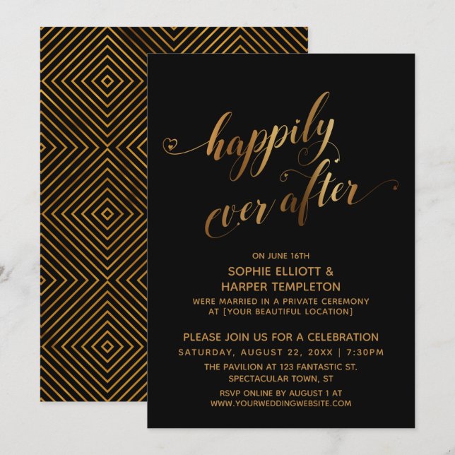 Invitation L'or sur le noir heureux jamais après Mariage post (Devant / Derrière)