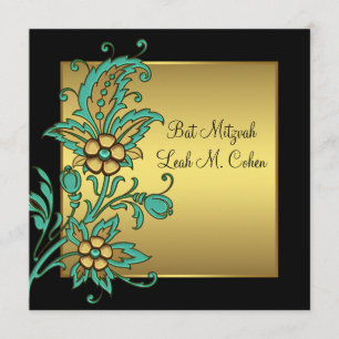 Invitation L'or turquoise fleurit le bat mitzvah noir d'or
