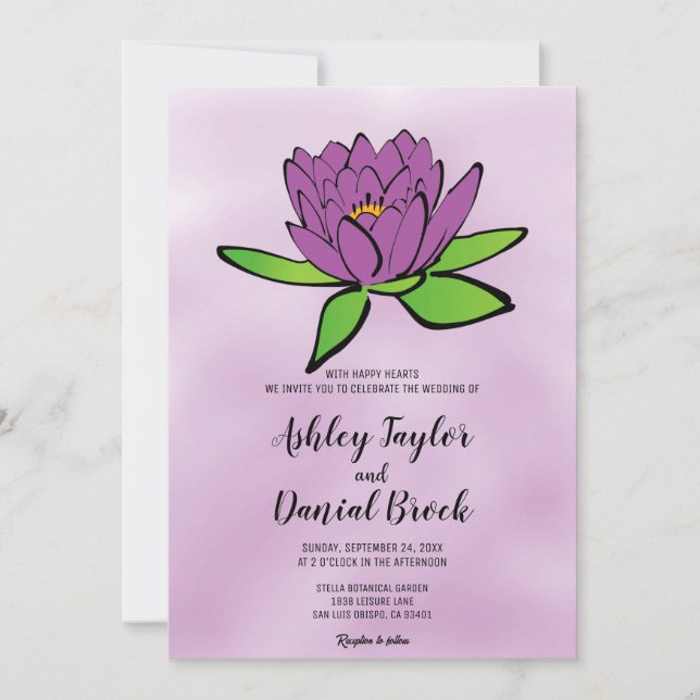 Invitation Lotus violet duvet rose vert chic Mariage (Devant)