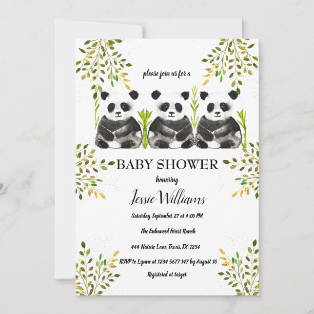 Invitation L'Ours Panda Triplet Baby shower Verdure Nature (Devant)