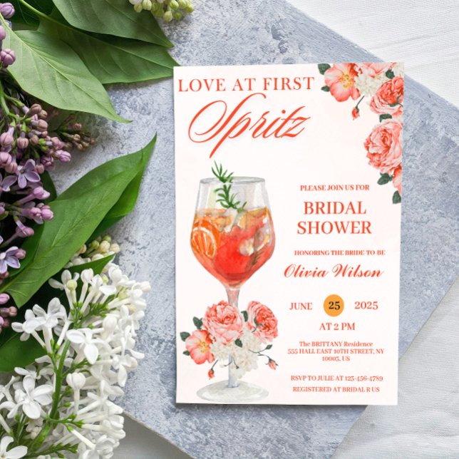 Invitation Love at First Spritz Floral Cocktail Fête des mari (love at first spritz bridal shower invitations cocktail drink citrus orange elegant bride citrus )